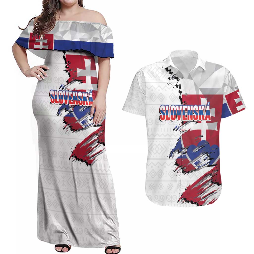Slovakia Couples Matching Off Shoulder Maxi Dress and Hawaiian Shirt Flag Grunge Half Style with Slovak Pattern