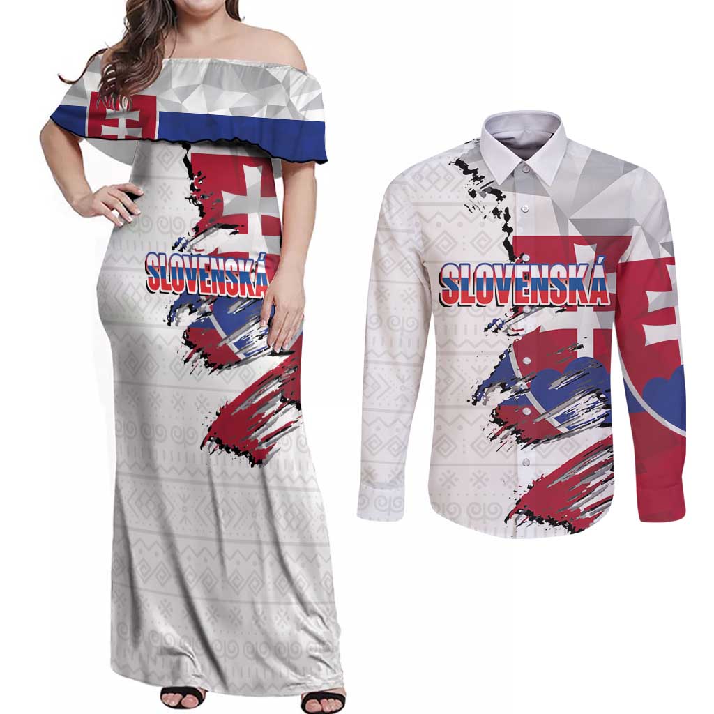 Slovakia Couples Matching Off Shoulder Maxi Dress and Long Sleeve Button Shirt Flag Grunge Half Style with Slovak Pattern