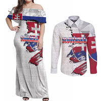 Slovakia Couples Matching Off Shoulder Maxi Dress and Long Sleeve Button Shirt Flag Grunge Half Style with Slovak Pattern