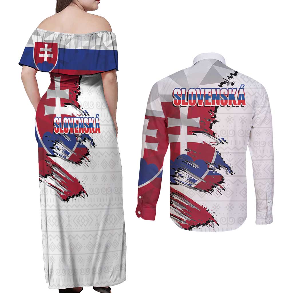 Slovakia Couples Matching Off Shoulder Maxi Dress and Long Sleeve Button Shirt Flag Grunge Half Style with Slovak Pattern