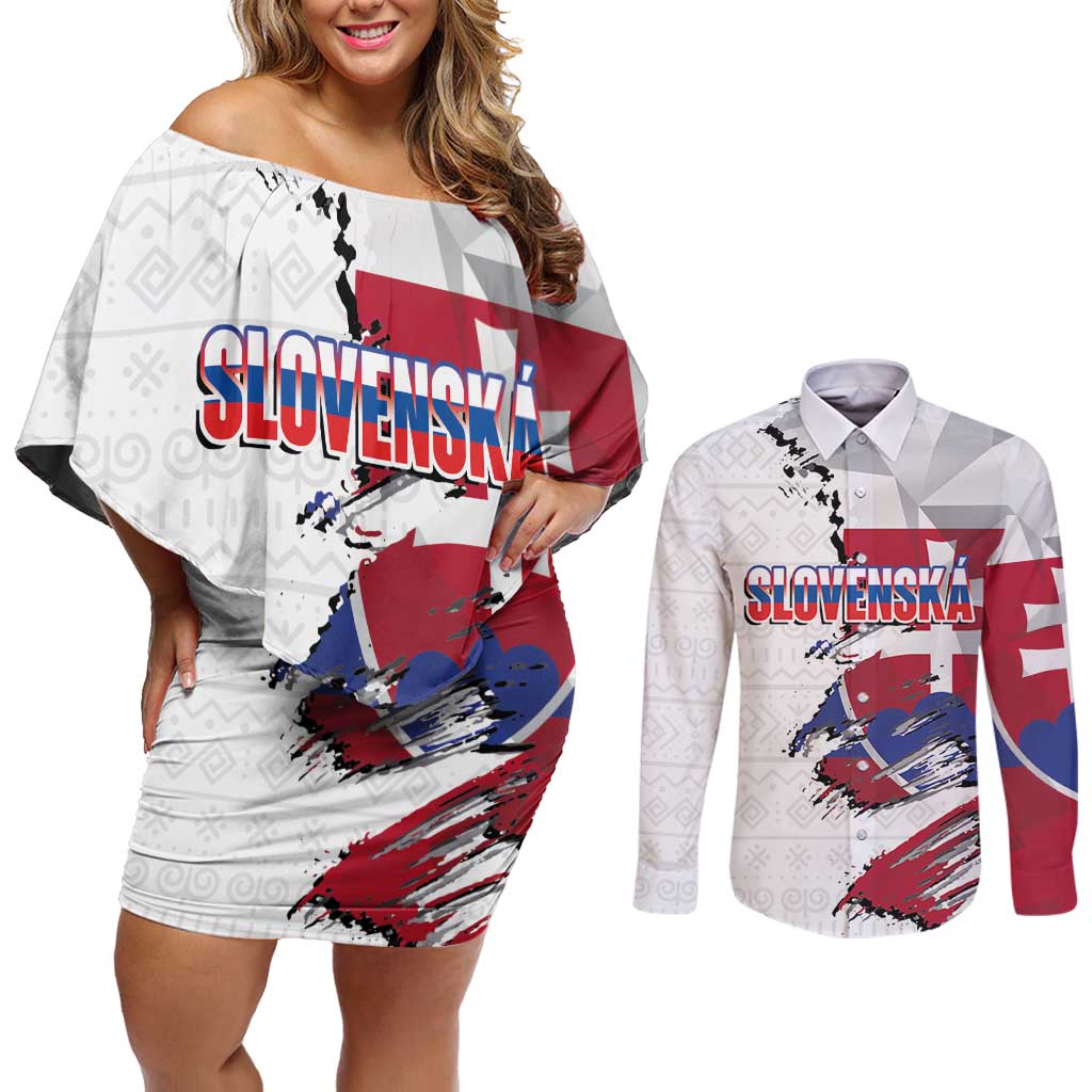 Slovakia Couples Matching Off Shoulder Short Dress and Long Sleeve Button Shirt Flag Grunge Half Style with Slovak Pattern