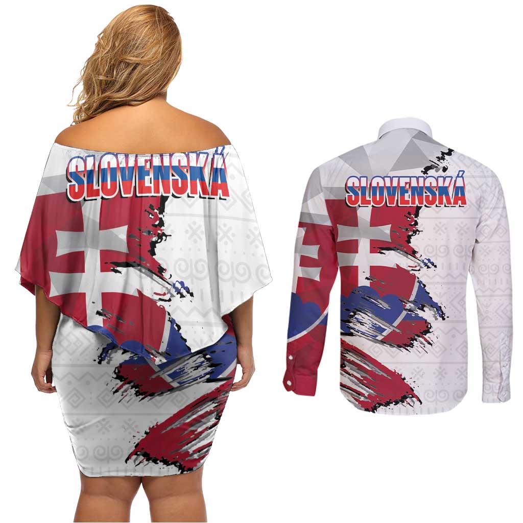 Slovakia Couples Matching Off Shoulder Short Dress and Long Sleeve Button Shirt Flag Grunge Half Style with Slovak Pattern