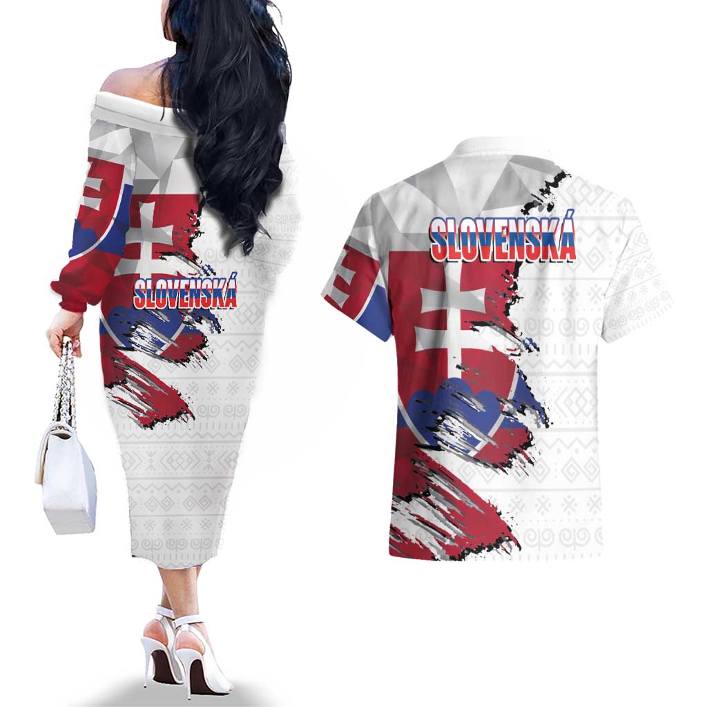 Slovakia Couples Matching Off The Shoulder Long Sleeve Dress and Hawaiian Shirt Flag Grunge Half Style with Slovak Pattern