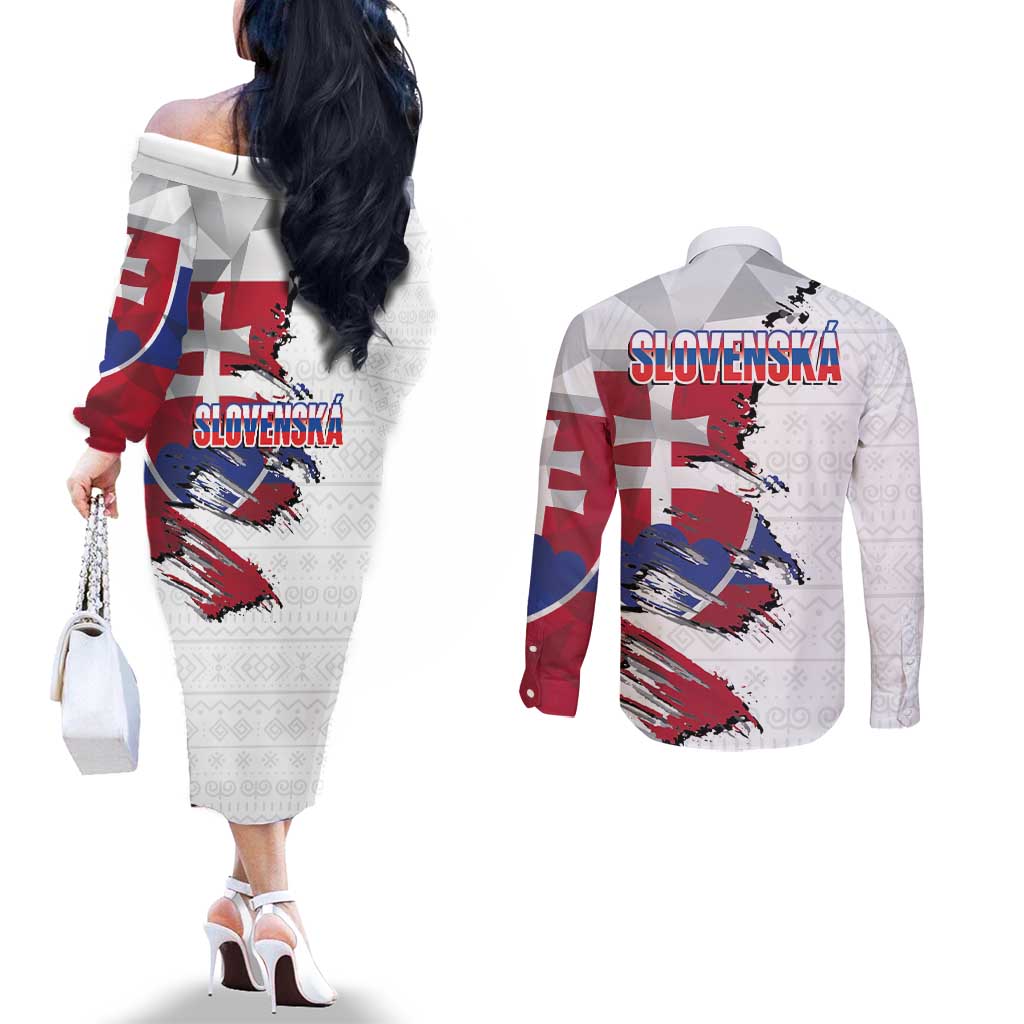Slovakia Couples Matching Off The Shoulder Long Sleeve Dress and Long Sleeve Button Shirt Flag Grunge Half Style with Slovak Pattern