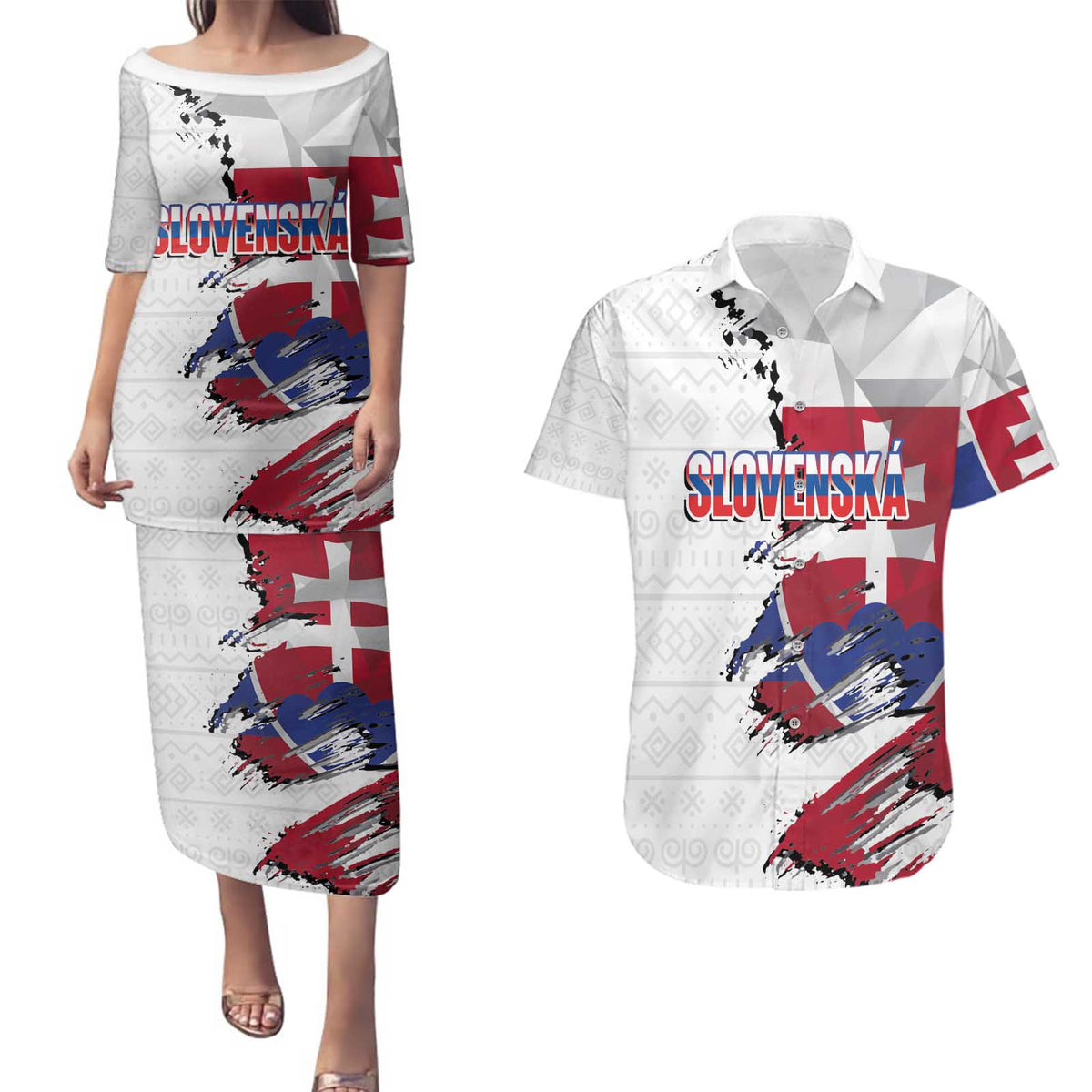 Slovakia Couples Matching Puletasi and Hawaiian Shirt Flag Grunge Half Style with Slovak Pattern