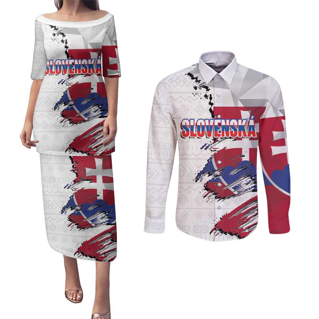 Slovakia Couples Matching Puletasi and Long Sleeve Button Shirt Flag Grunge Half Style with Slovak Pattern