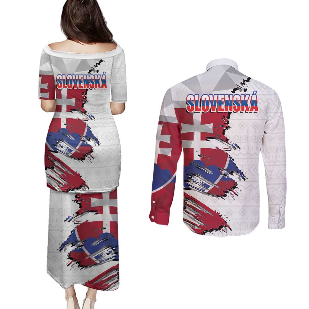 Slovakia Couples Matching Puletasi and Long Sleeve Button Shirt Flag Grunge Half Style with Slovak Pattern
