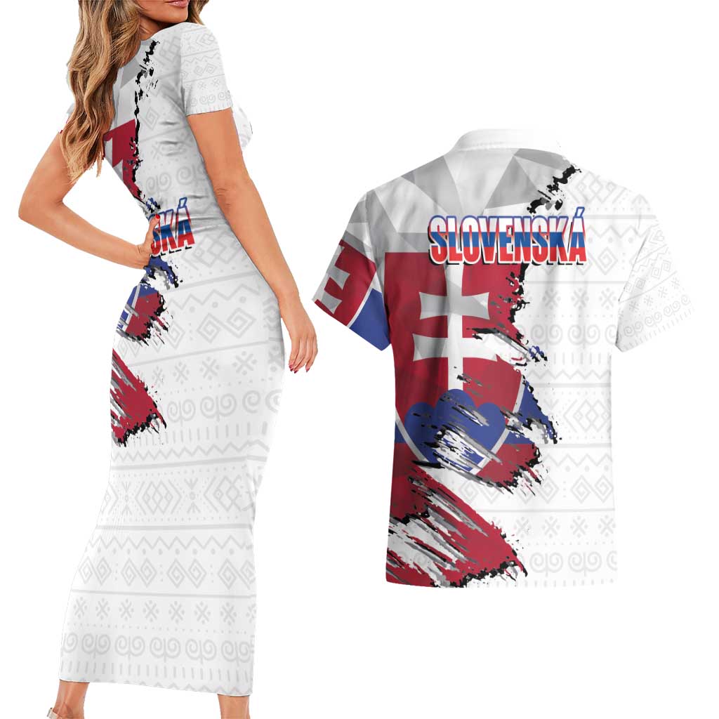 Slovakia Couples Matching Short Sleeve Bodycon Dress and Hawaiian Shirt Flag Grunge Half Style with Slovak Pattern
