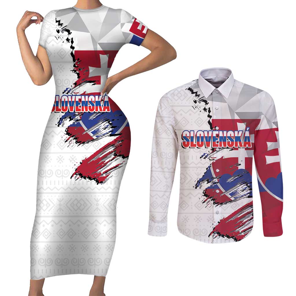 Slovakia Couples Matching Short Sleeve Bodycon Dress and Long Sleeve Button Shirt Flag Grunge Half Style with Slovak Pattern