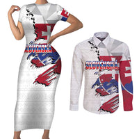 Slovakia Couples Matching Short Sleeve Bodycon Dress and Long Sleeve Button Shirt Flag Grunge Half Style with Slovak Pattern