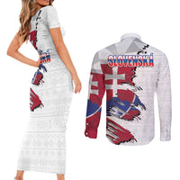 Slovakia Couples Matching Short Sleeve Bodycon Dress and Long Sleeve Button Shirt Flag Grunge Half Style with Slovak Pattern