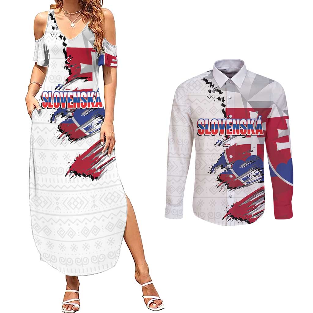 Slovakia Couples Matching Summer Maxi Dress and Long Sleeve Button Shirt Flag Grunge Half Style with Slovak Pattern