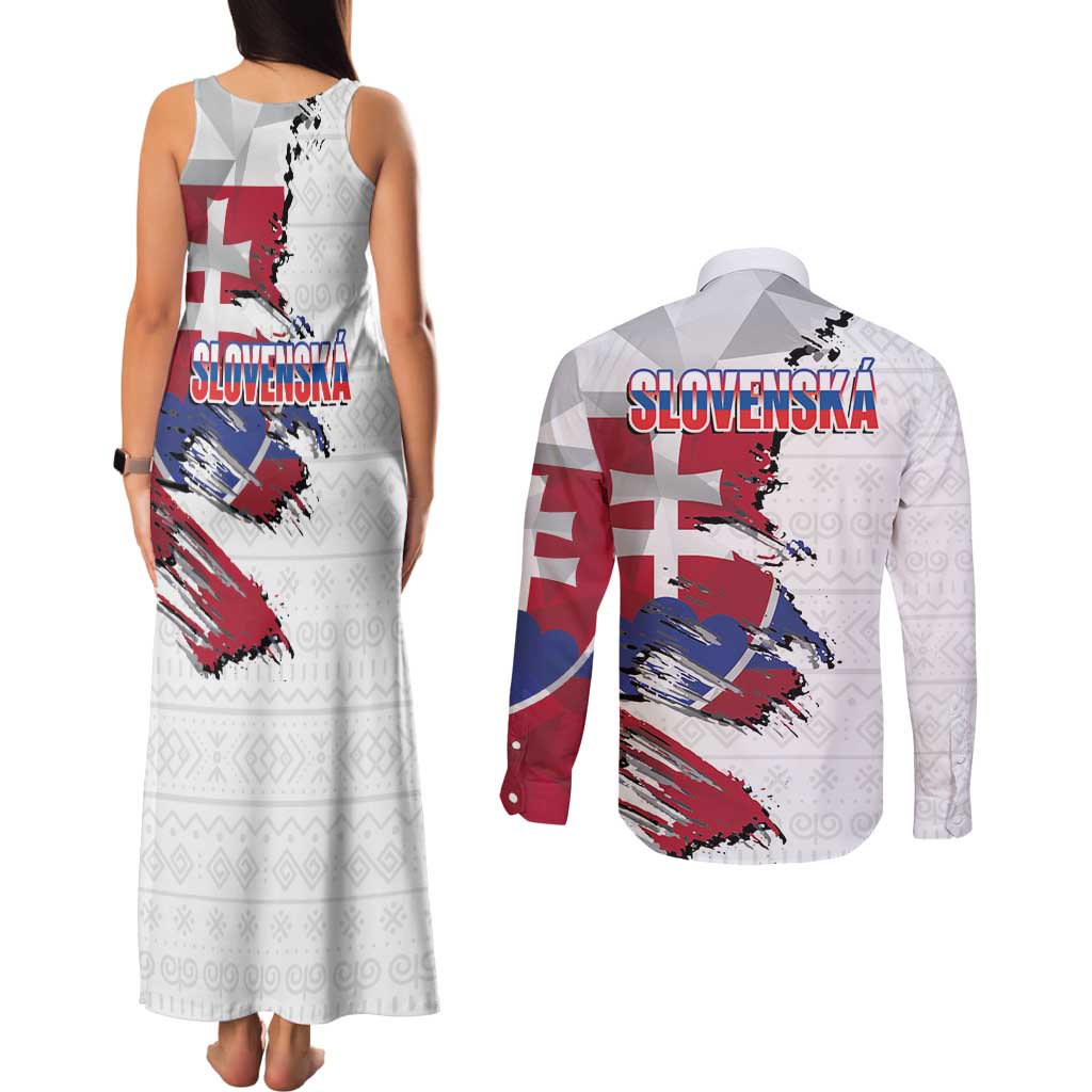 Slovakia Couples Matching Tank Maxi Dress and Long Sleeve Button Shirt Flag Grunge Half Style with Slovak Pattern