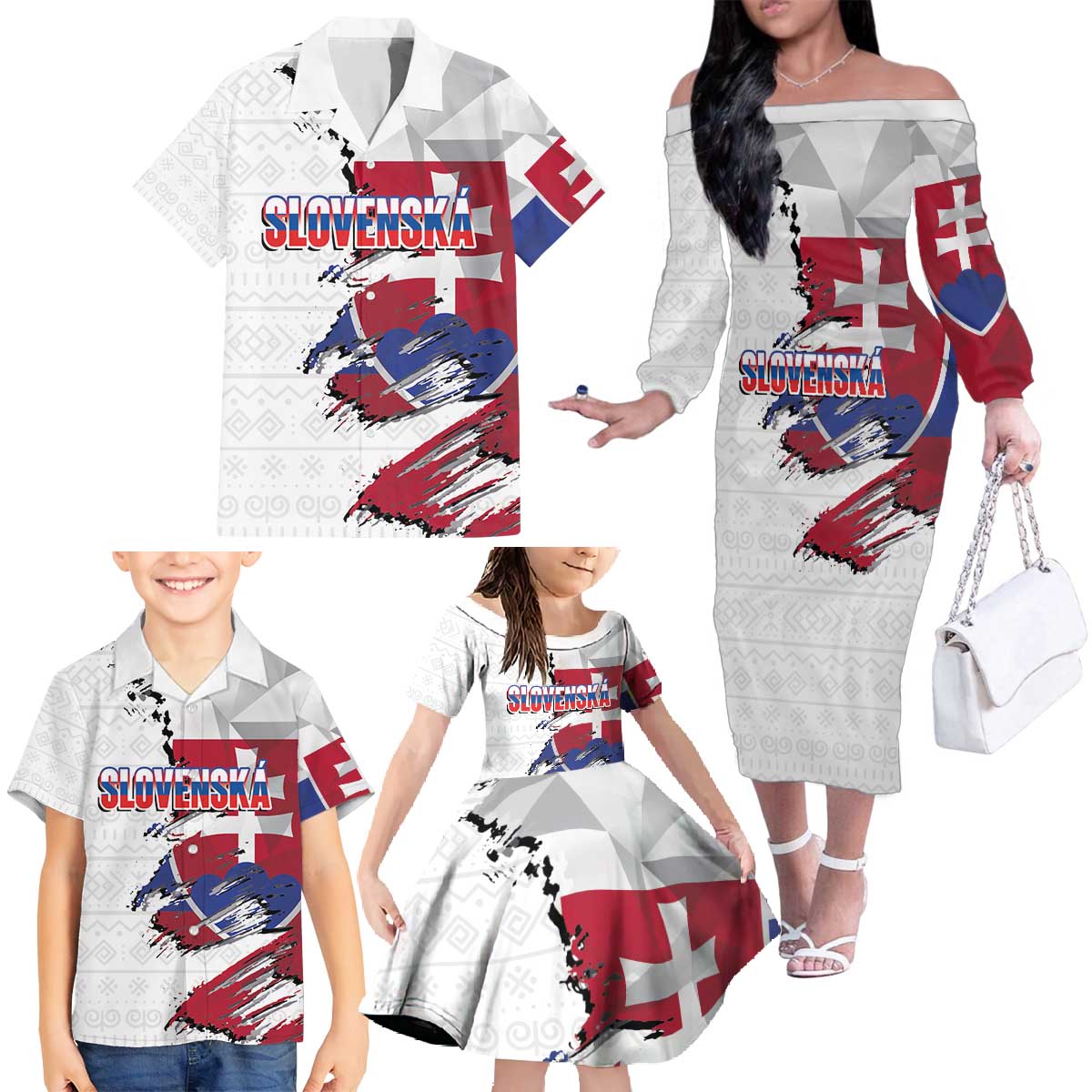 Slovakia Family Matching Off The Shoulder Long Sleeve Dress and Hawaiian Shirt Flag Grunge Half Style with Slovak Pattern