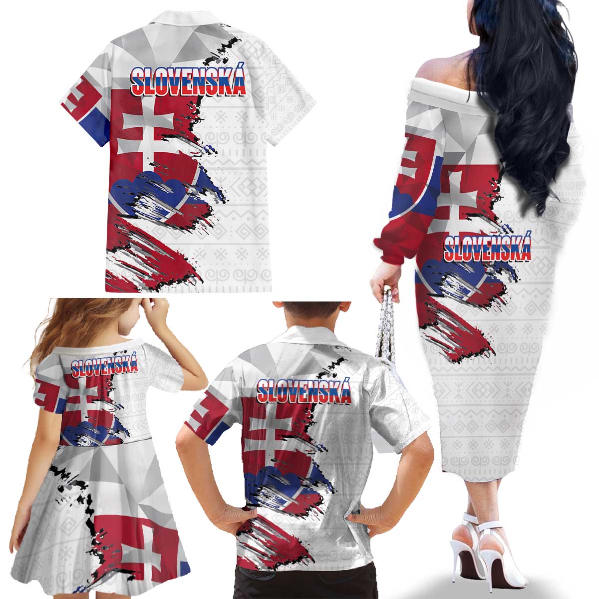 Slovakia Family Matching Off The Shoulder Long Sleeve Dress and Hawaiian Shirt Flag Grunge Half Style with Slovak Pattern
