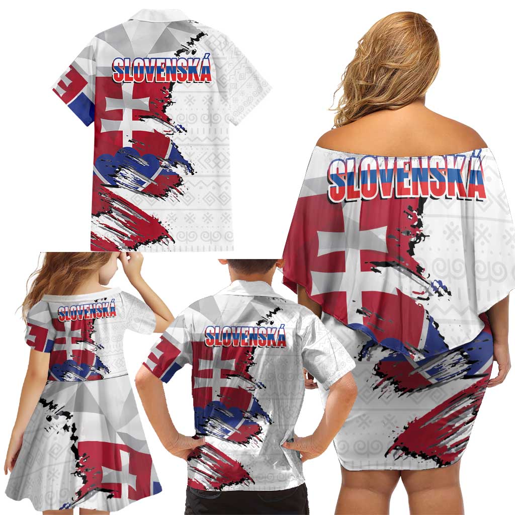 Slovakia Family Matching Off Shoulder Short Dress and Hawaiian Shirt Flag Grunge Half Style with Slovak Pattern