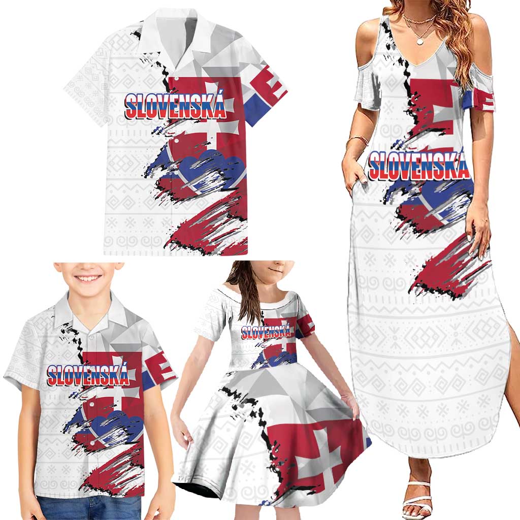 Slovakia Family Matching Summer Maxi Dress and Hawaiian Shirt Flag Grunge Half Style with Slovak Pattern