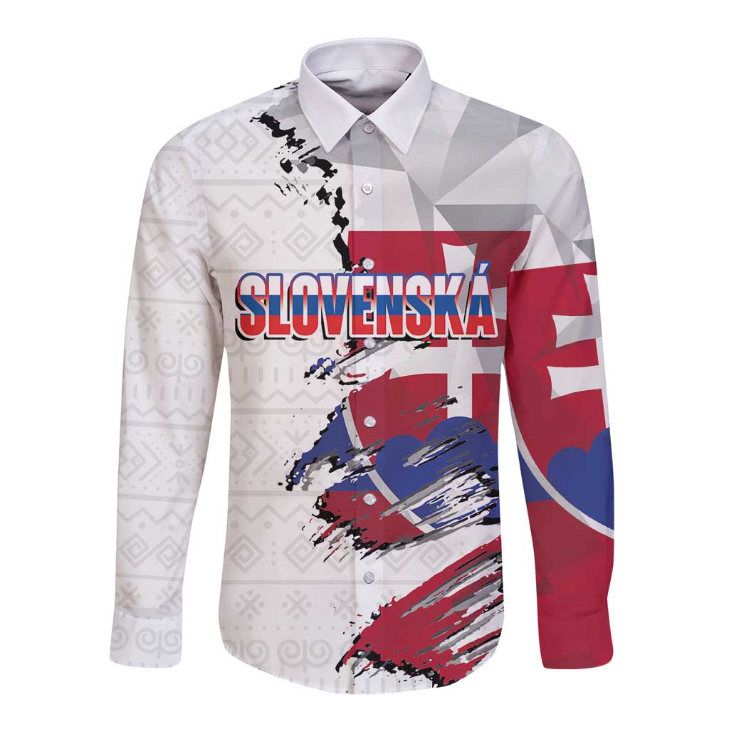 Slovakia Long Sleeve Button Shirt Flag Grunge Half Style with Slovak Pattern