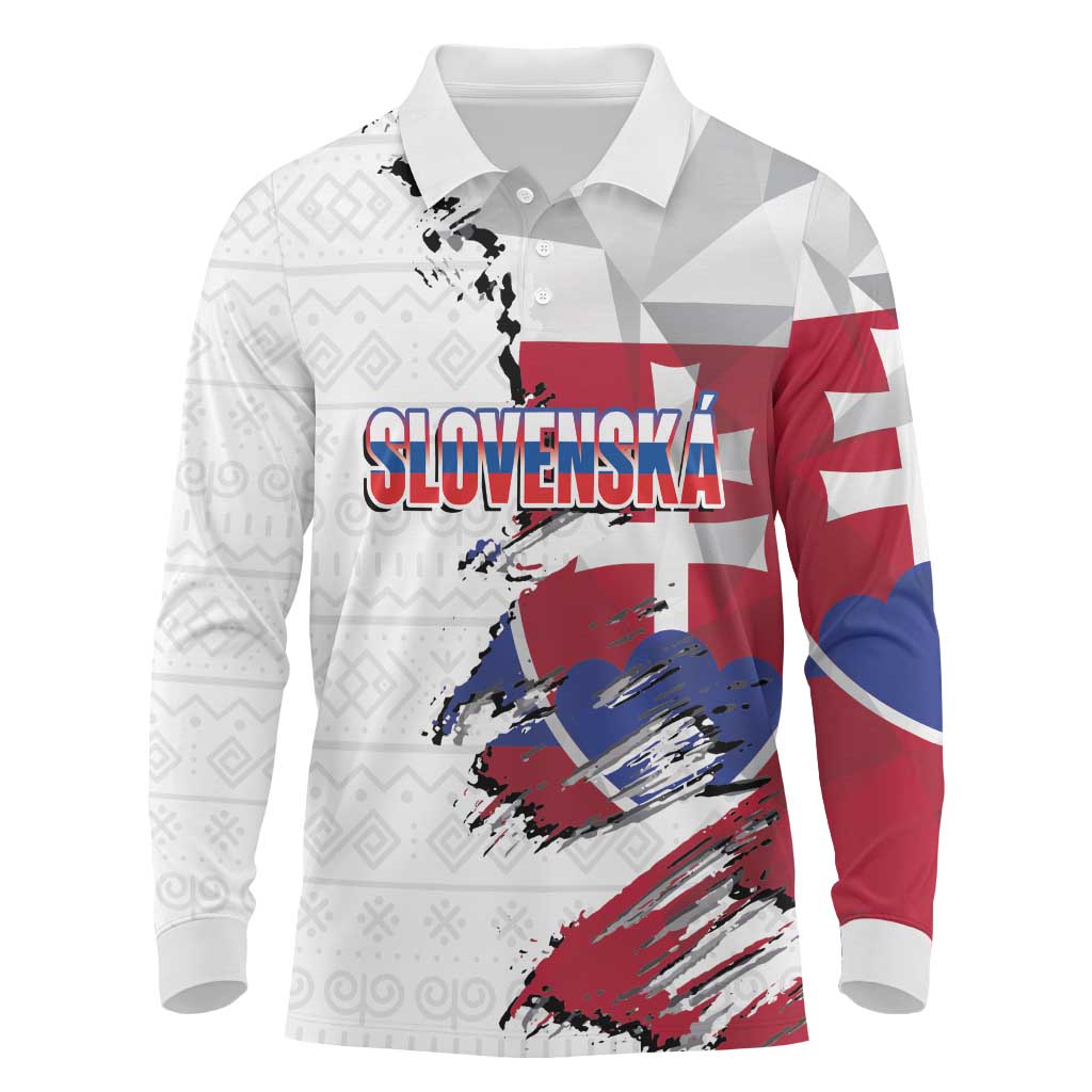 Slovakia Long Sleeve Polo Shirt Flag Grunge Half Style with Slovak Pattern