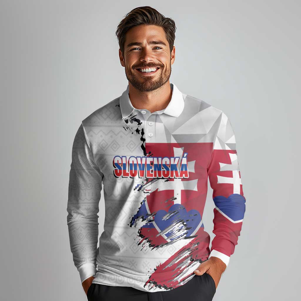 Slovakia Long Sleeve Polo Shirt Flag Grunge Half Style with Slovak Pattern