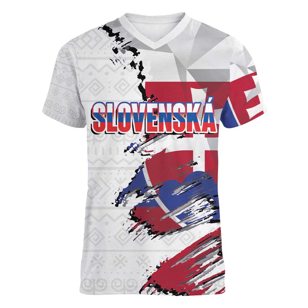 Slovakia Women V-Neck T-Shirt Flag Grunge Half Style with Slovak Pattern