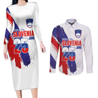 Slovenia Statehood Day Couples Matching Long Sleeve Bodycon Dress and Long Sleeve Button Shirt 25 June National Flag Color Brush Stroke Style