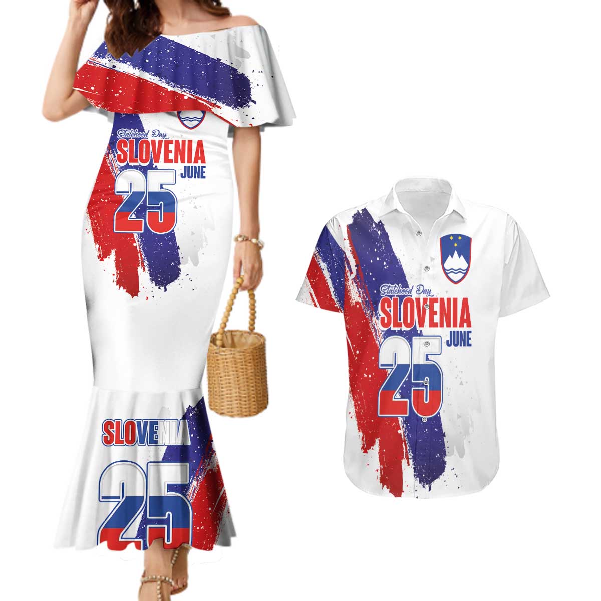 Slovenia Statehood Day Couples Matching Mermaid Dress and Hawaiian Shirt 25 June National Flag Color Brush Stroke Style