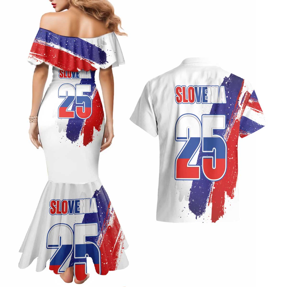 Slovenia Statehood Day Couples Matching Mermaid Dress and Hawaiian Shirt 25 June National Flag Color Brush Stroke Style