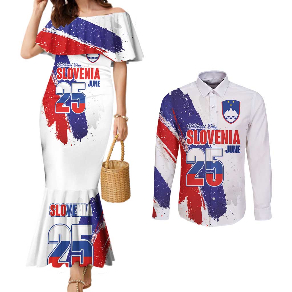 Slovenia Statehood Day Couples Matching Mermaid Dress and Long Sleeve Button Shirt 25 June National Flag Color Brush Stroke Style