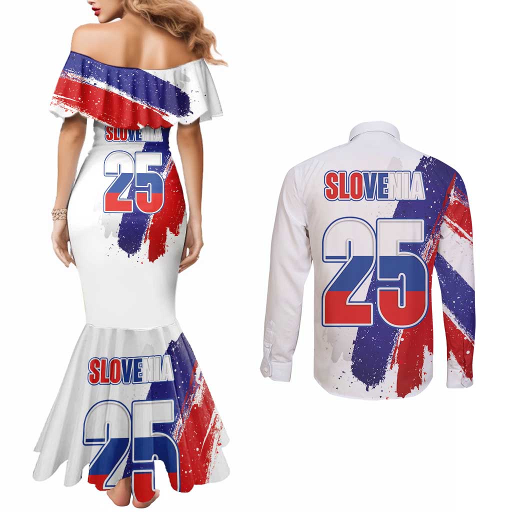 Slovenia Statehood Day Couples Matching Mermaid Dress and Long Sleeve Button Shirt 25 June National Flag Color Brush Stroke Style