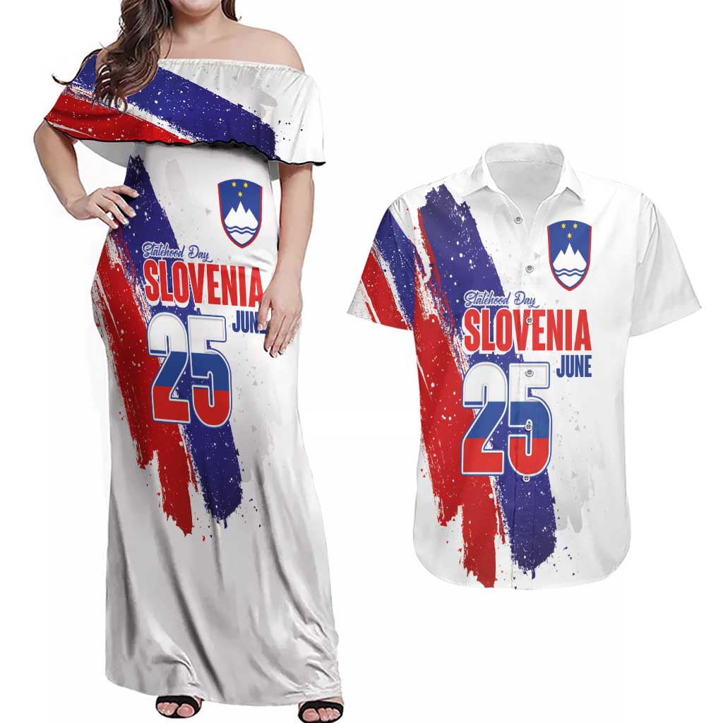 Slovenia Statehood Day Couples Matching Off Shoulder Maxi Dress and Hawaiian Shirt 25 June National Flag Color Brush Stroke Style