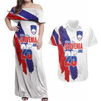 Slovenia Statehood Day Couples Matching Off Shoulder Maxi Dress and Hawaiian Shirt 25 June National Flag Color Brush Stroke Style