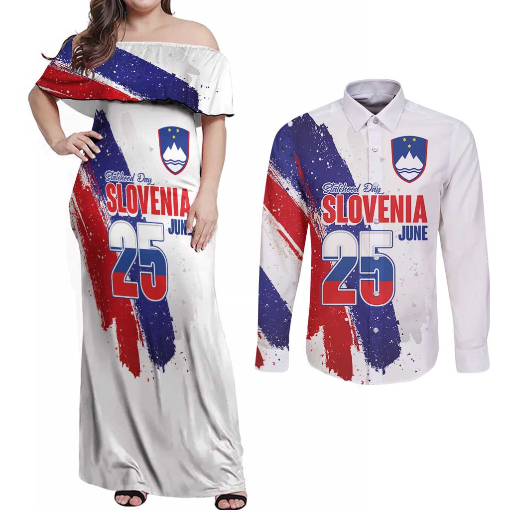 Slovenia Statehood Day Couples Matching Off Shoulder Maxi Dress and Long Sleeve Button Shirt 25 June National Flag Color Brush Stroke Style