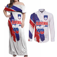 Slovenia Statehood Day Couples Matching Off Shoulder Maxi Dress and Long Sleeve Button Shirt 25 June National Flag Color Brush Stroke Style