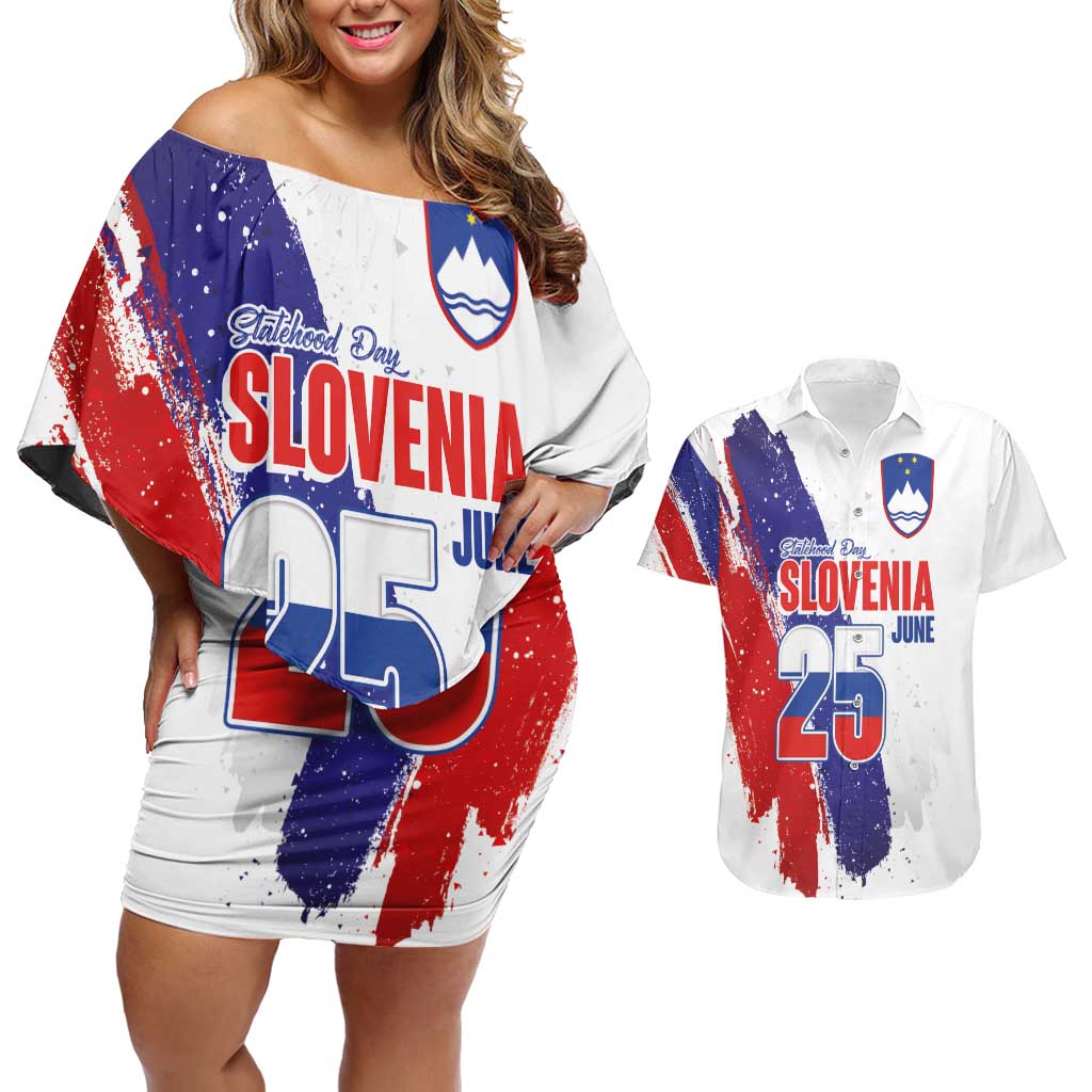 Slovenia Statehood Day Couples Matching Off Shoulder Short Dress and Hawaiian Shirt 25 June National Flag Color Brush Stroke Style