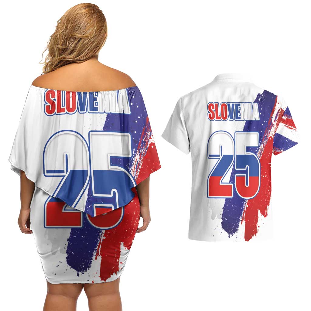 Slovenia Statehood Day Couples Matching Off Shoulder Short Dress and Hawaiian Shirt 25 June National Flag Color Brush Stroke Style