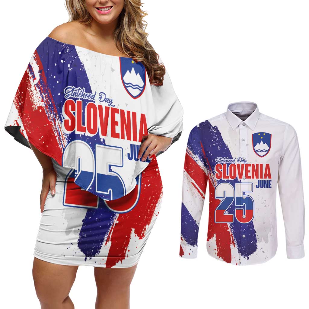 Slovenia Statehood Day Couples Matching Off Shoulder Short Dress and Long Sleeve Button Shirt 25 June National Flag Color Brush Stroke Style