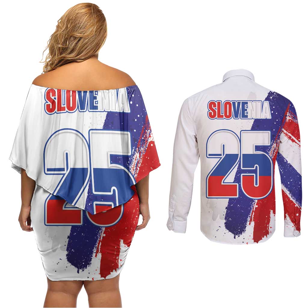 Slovenia Statehood Day Couples Matching Off Shoulder Short Dress and Long Sleeve Button Shirt 25 June National Flag Color Brush Stroke Style