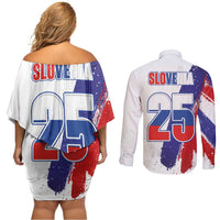 Slovenia Statehood Day Couples Matching Off Shoulder Short Dress and Long Sleeve Button Shirt 25 June National Flag Color Brush Stroke Style