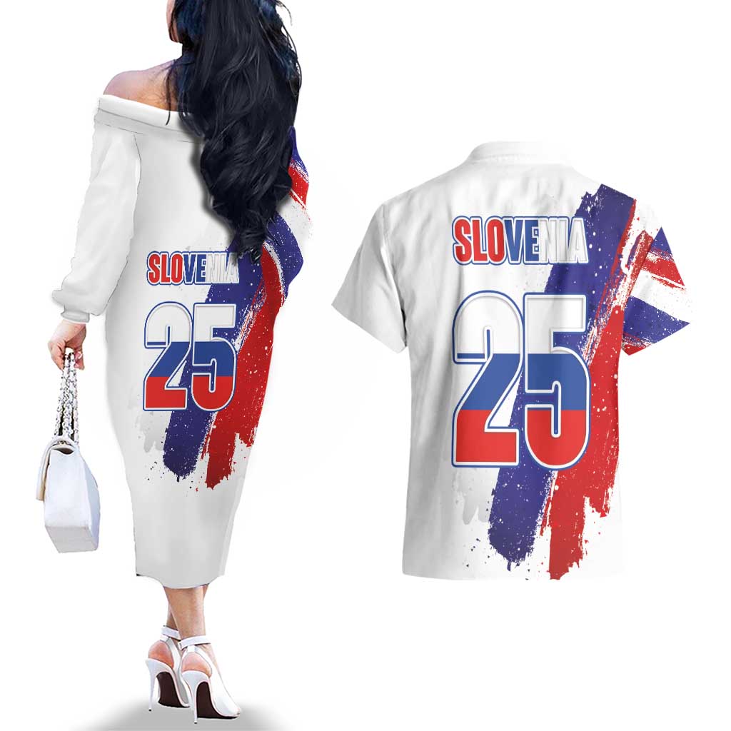 Slovenia Statehood Day Couples Matching Off The Shoulder Long Sleeve Dress and Hawaiian Shirt 25 June National Flag Color Brush Stroke Style