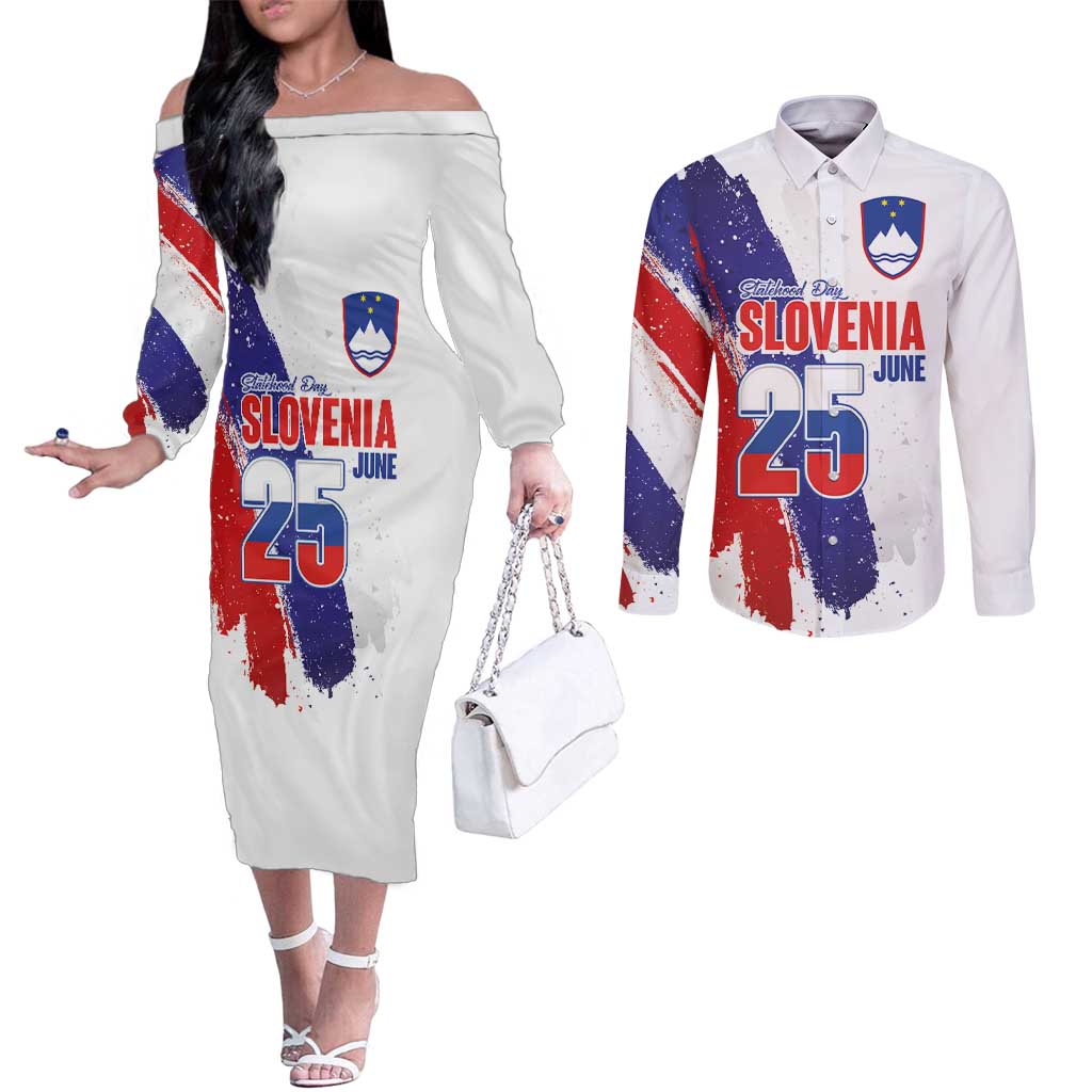 Slovenia Statehood Day Couples Matching Off The Shoulder Long Sleeve Dress and Long Sleeve Button Shirt 25 June National Flag Color Brush Stroke Style