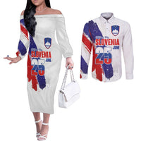 Slovenia Statehood Day Couples Matching Off The Shoulder Long Sleeve Dress and Long Sleeve Button Shirt 25 June National Flag Color Brush Stroke Style