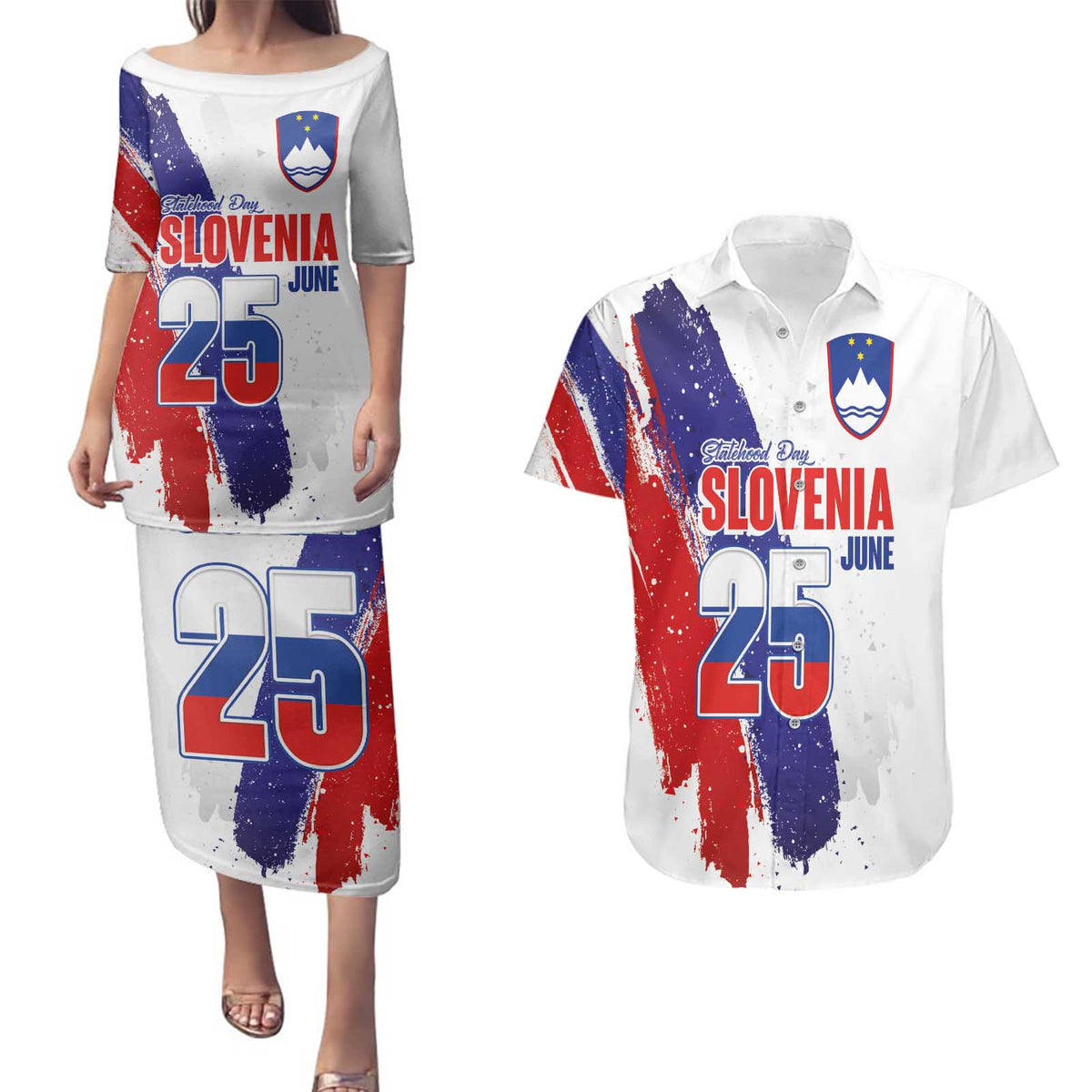 Slovenia Statehood Day Couples Matching Puletasi and Hawaiian Shirt 25 June National Flag Color Brush Stroke Style