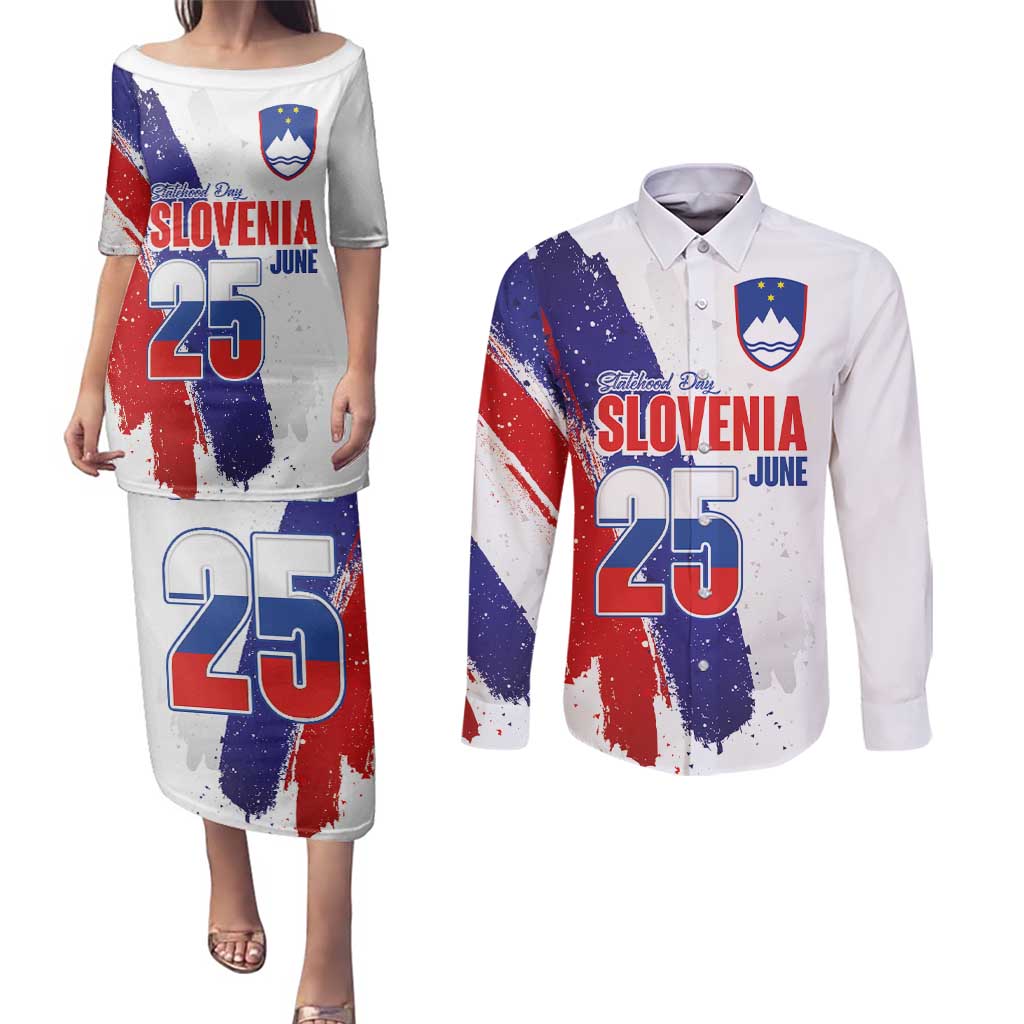 Slovenia Statehood Day Couples Matching Puletasi and Long Sleeve Button Shirt 25 June National Flag Color Brush Stroke Style