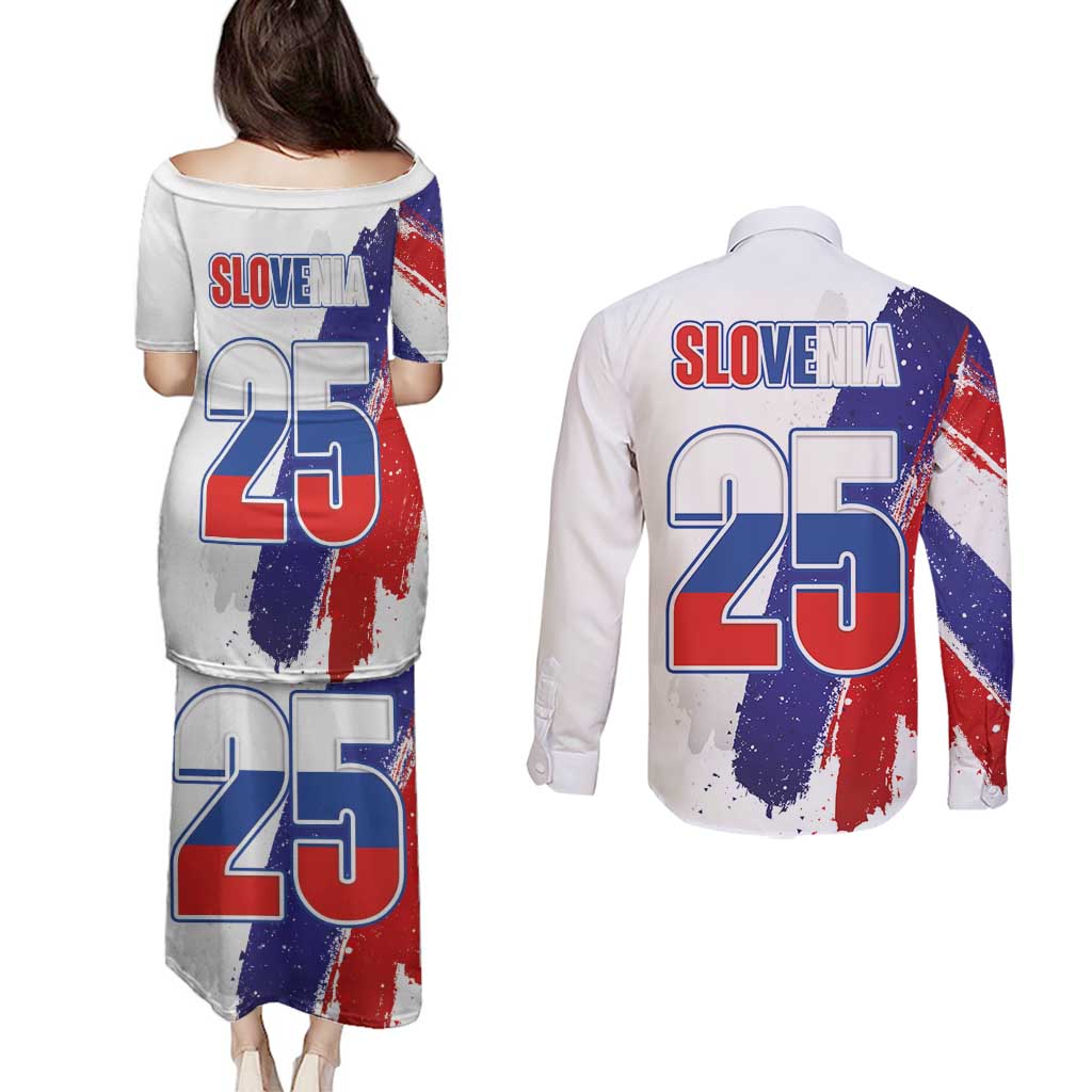 Slovenia Statehood Day Couples Matching Puletasi and Long Sleeve Button Shirt 25 June National Flag Color Brush Stroke Style