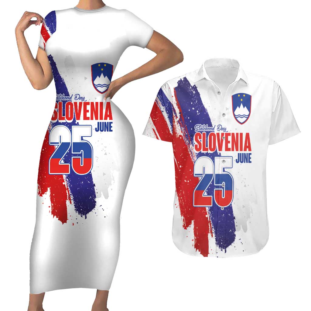 Slovenia Statehood Day Couples Matching Short Sleeve Bodycon Dress and Hawaiian Shirt 25 June National Flag Color Brush Stroke Style