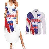 Slovenia Statehood Day Couples Matching Summer Maxi Dress and Long Sleeve Button Shirt 25 June National Flag Color Brush Stroke Style