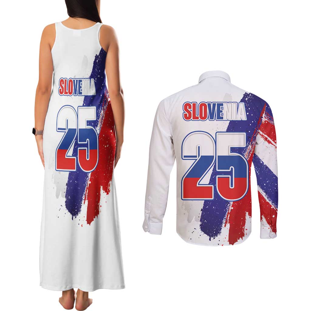 Slovenia Statehood Day Couples Matching Tank Maxi Dress and Long Sleeve Button Shirt 25 June National Flag Color Brush Stroke Style