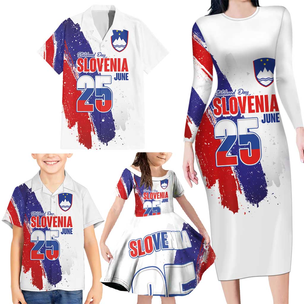 Slovenia Statehood Day Family Matching Long Sleeve Bodycon Dress and Hawaiian Shirt 25 June National Flag Color Brush Stroke Style