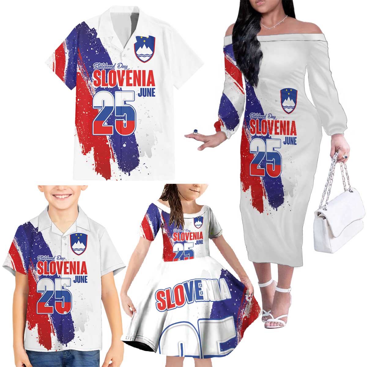 Slovenia Statehood Day Family Matching Off The Shoulder Long Sleeve Dress and Hawaiian Shirt 25 June National Flag Color Brush Stroke Style